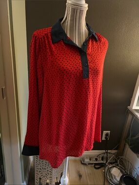 NWT. Free People, Medium, Red Horse Printed Blouse with Navy Trim
